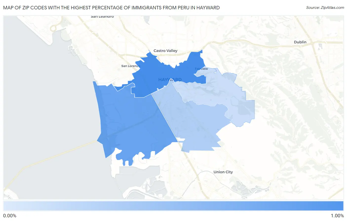 Zip Codes with the Highest Percentage of Immigrants from Peru in Hayward Map