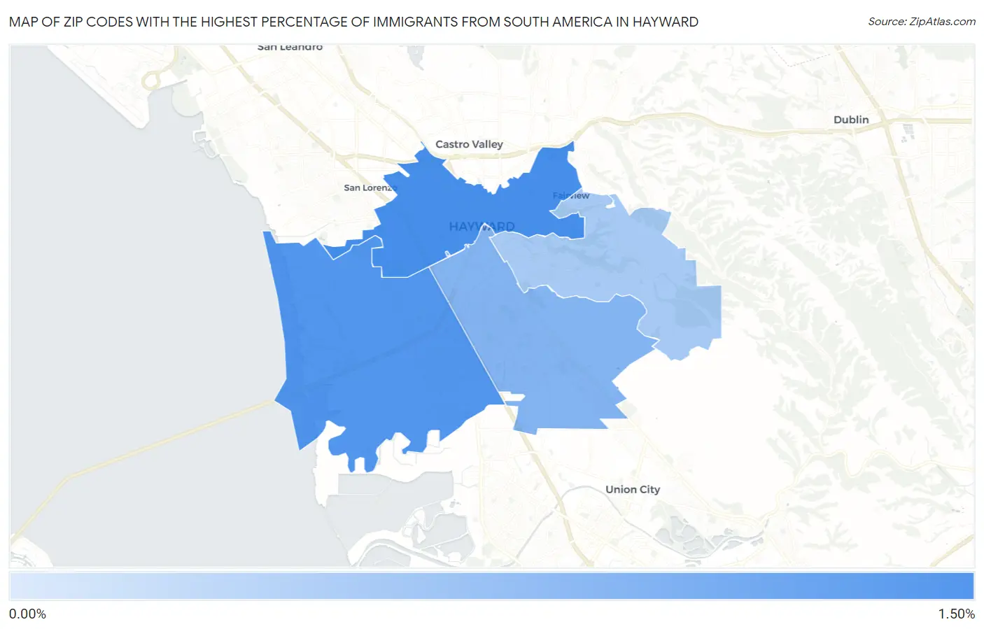 Zip Codes with the Highest Percentage of Immigrants from South America in Hayward Map