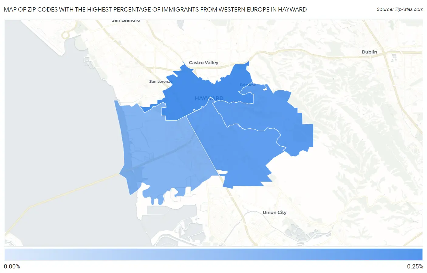Zip Codes with the Highest Percentage of Immigrants from Western Europe in Hayward Map
