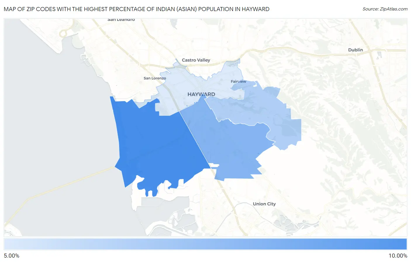Zip Codes with the Highest Percentage of Indian (Asian) Population in Hayward Map