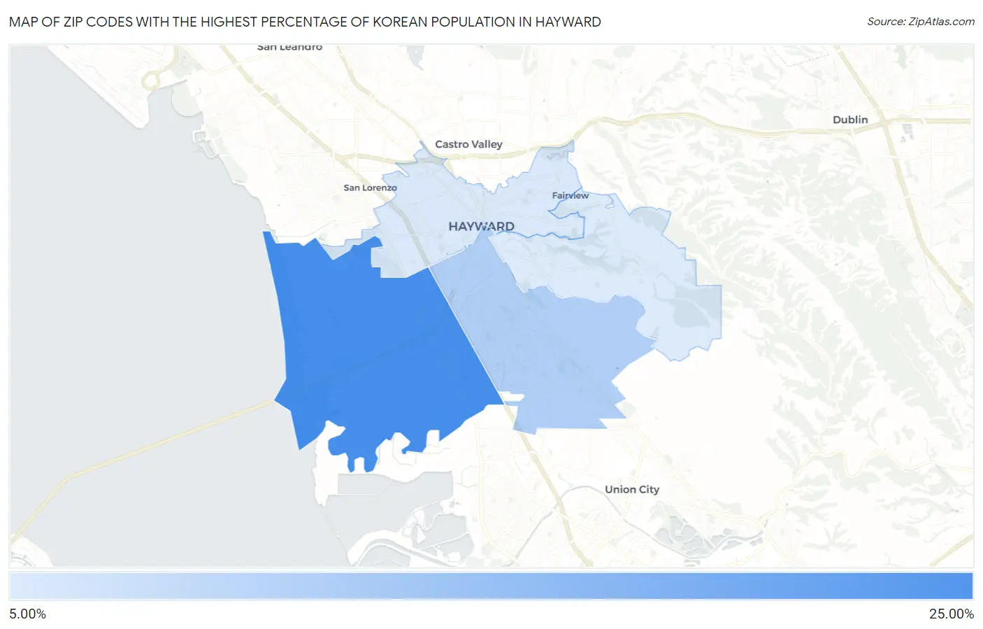 Zip Codes with the Highest Percentage of Korean Population in Hayward Map
