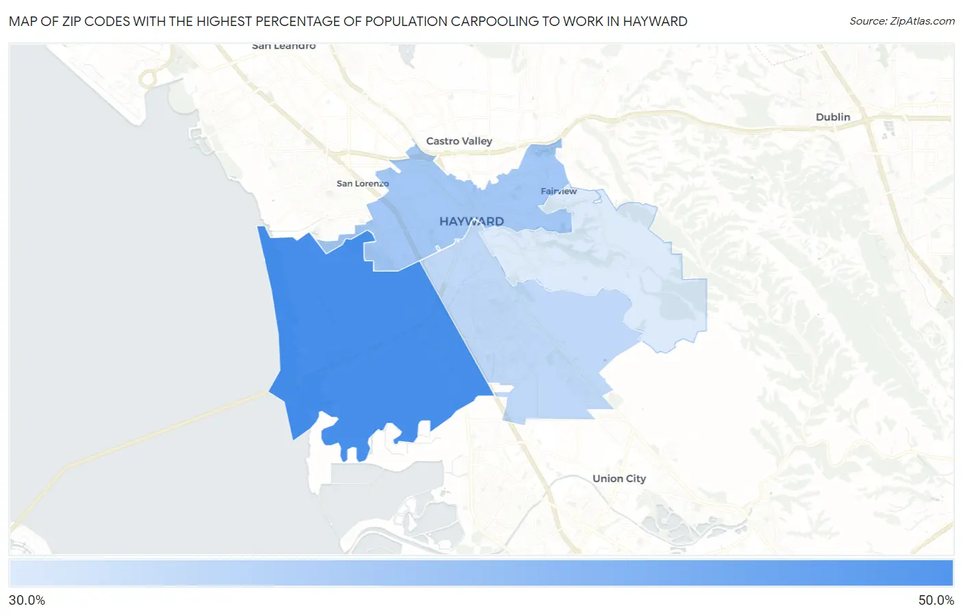 Zip Codes with the Highest Percentage of Population Carpooling to Work in Hayward Map