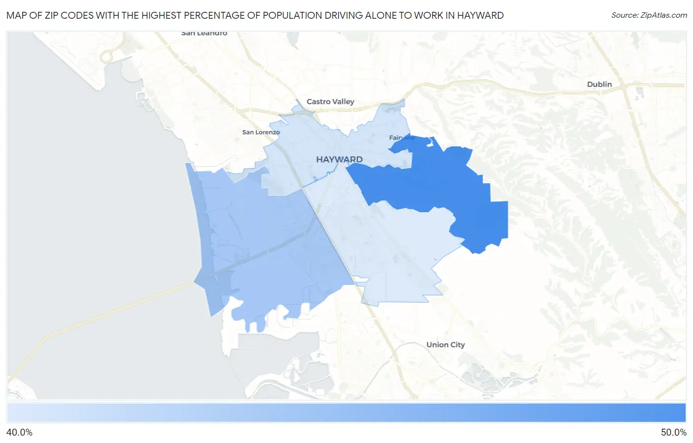 Zip Codes with the Highest Percentage of Population Driving Alone to Work in Hayward Map