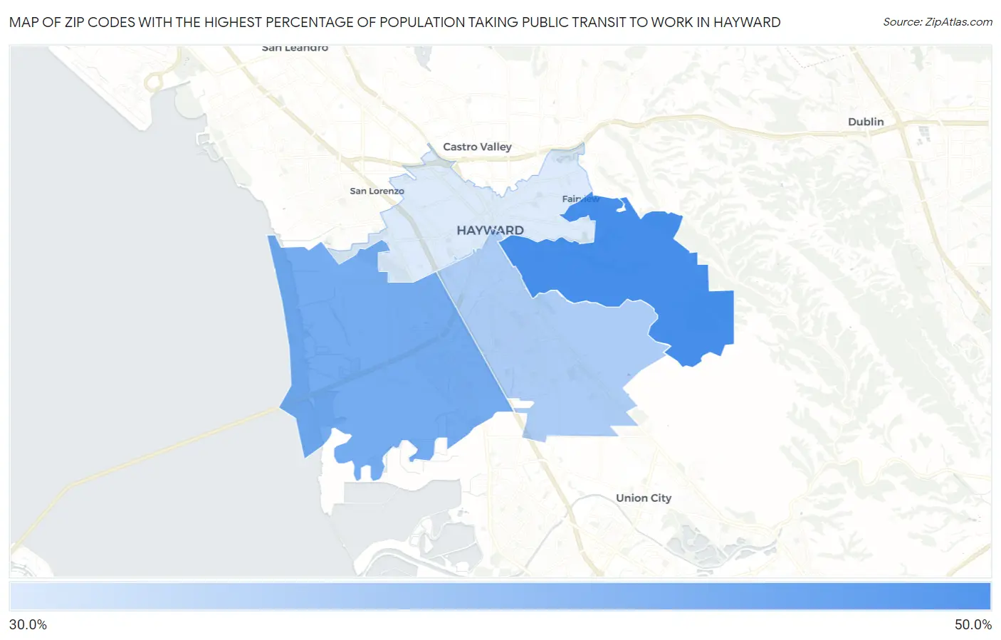 Zip Codes with the Highest Percentage of Population Taking Public Transit to Work in Hayward Map
