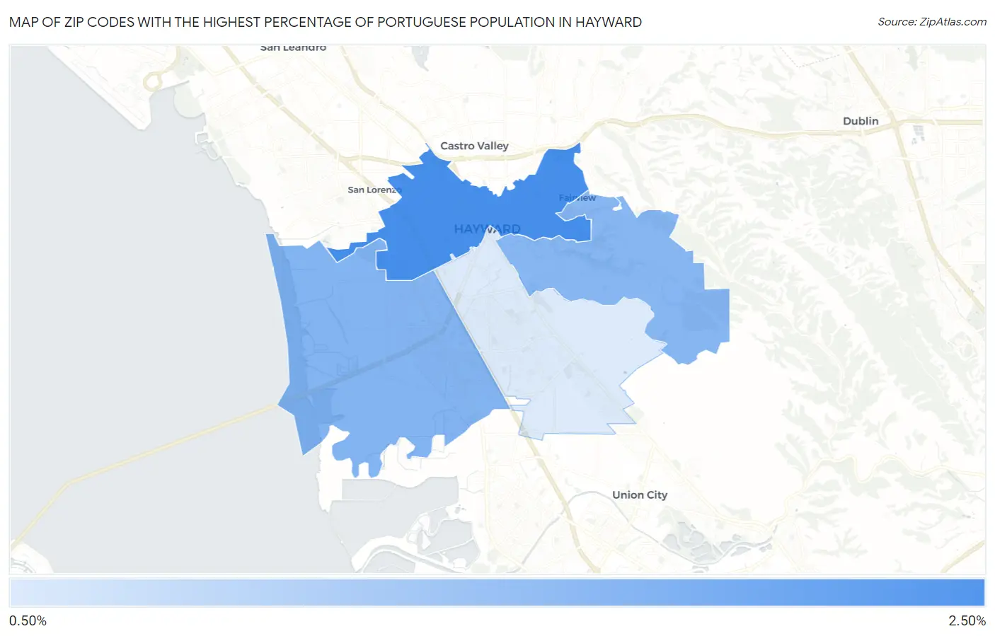 Zip Codes with the Highest Percentage of Portuguese Population in Hayward Map