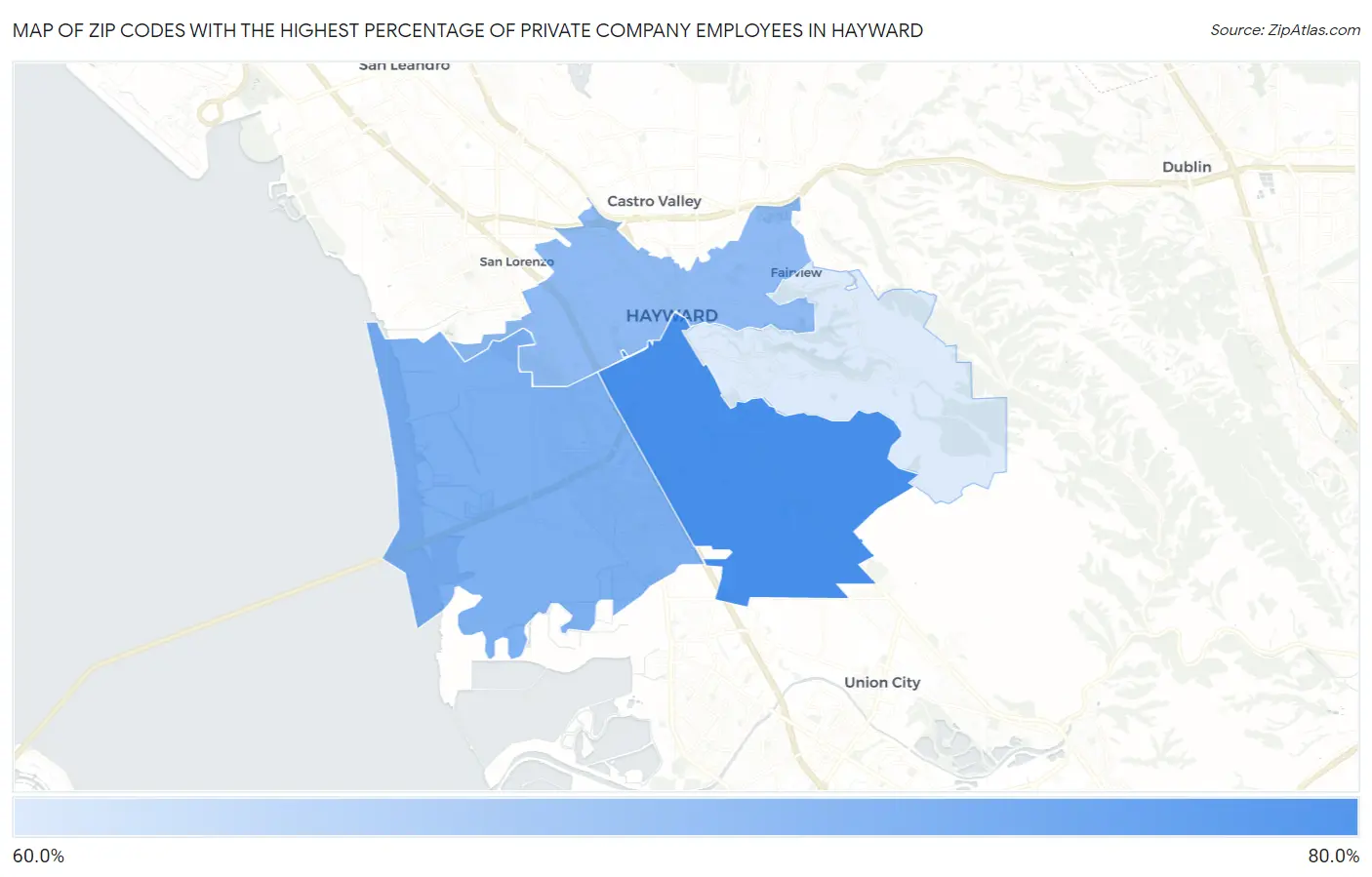 Zip Codes with the Highest Percentage of Private Company Employees in Hayward Map