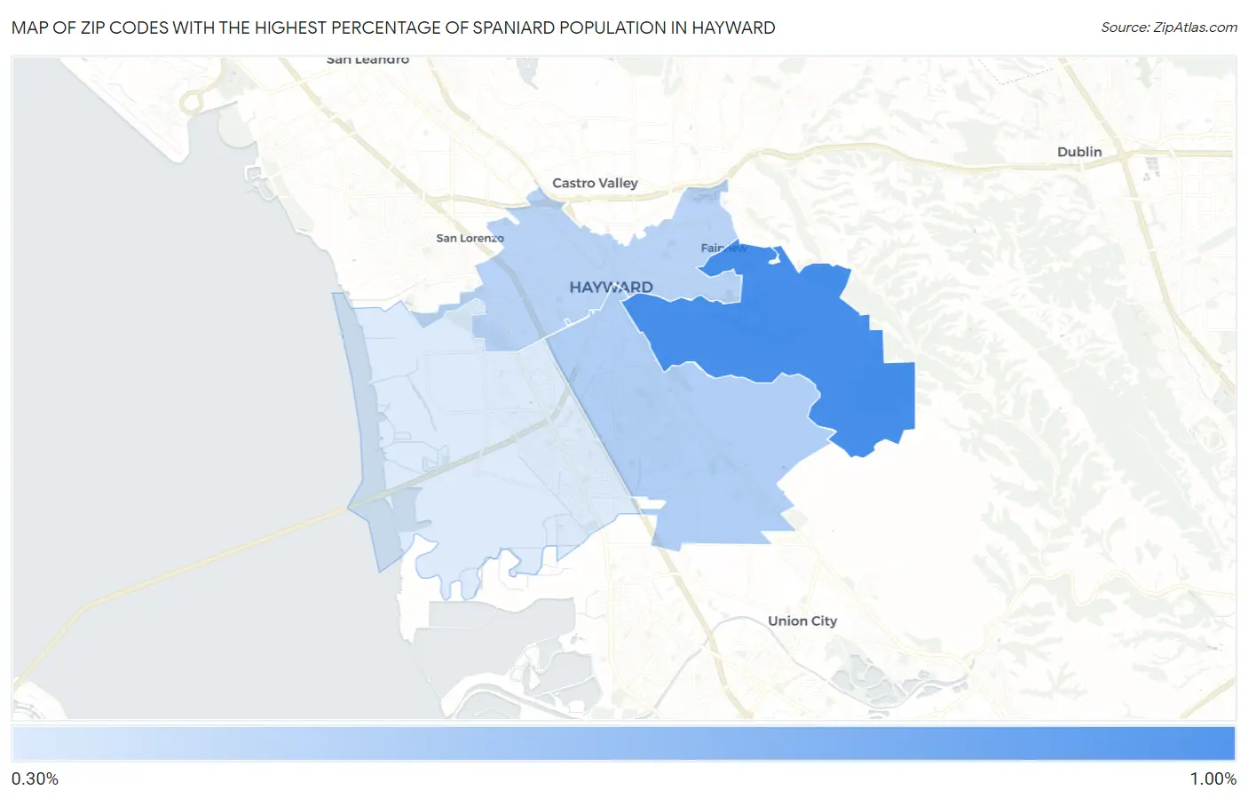 Zip Codes with the Highest Percentage of Spaniard Population in Hayward Map