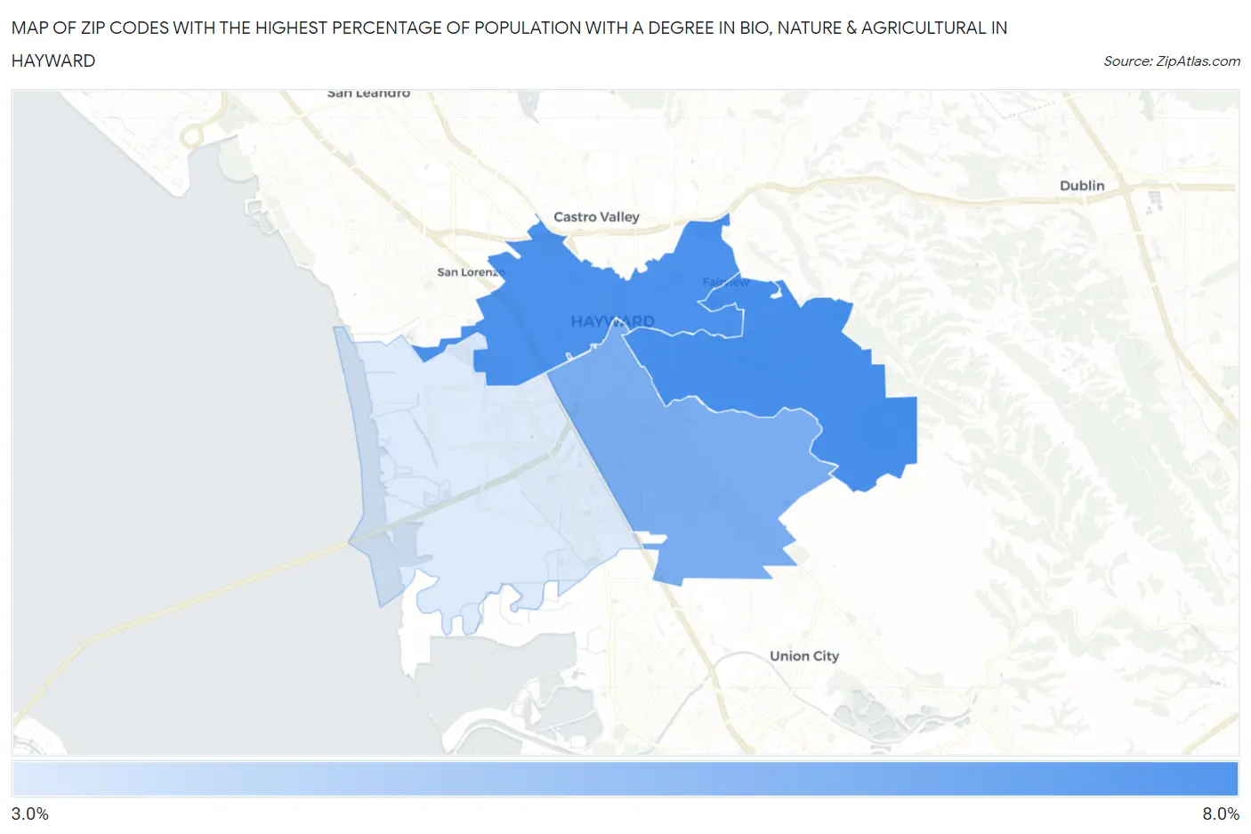 Zip Codes with the Highest Percentage of Population with a Degree in Bio, Nature & Agricultural in Hayward Map
