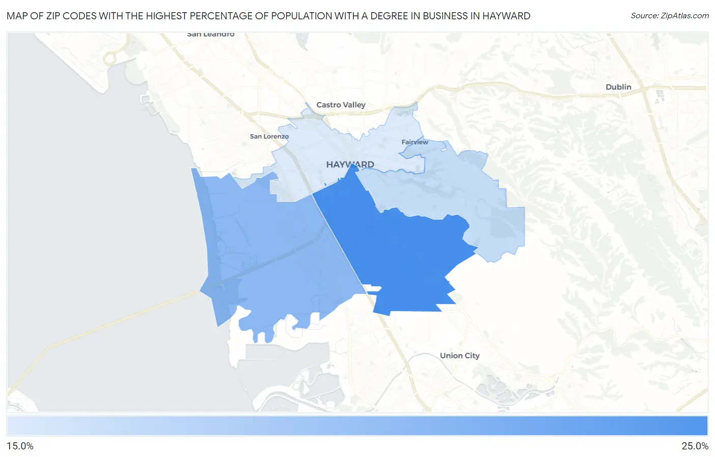 Zip Codes with the Highest Percentage of Population with a Degree in Business in Hayward Map