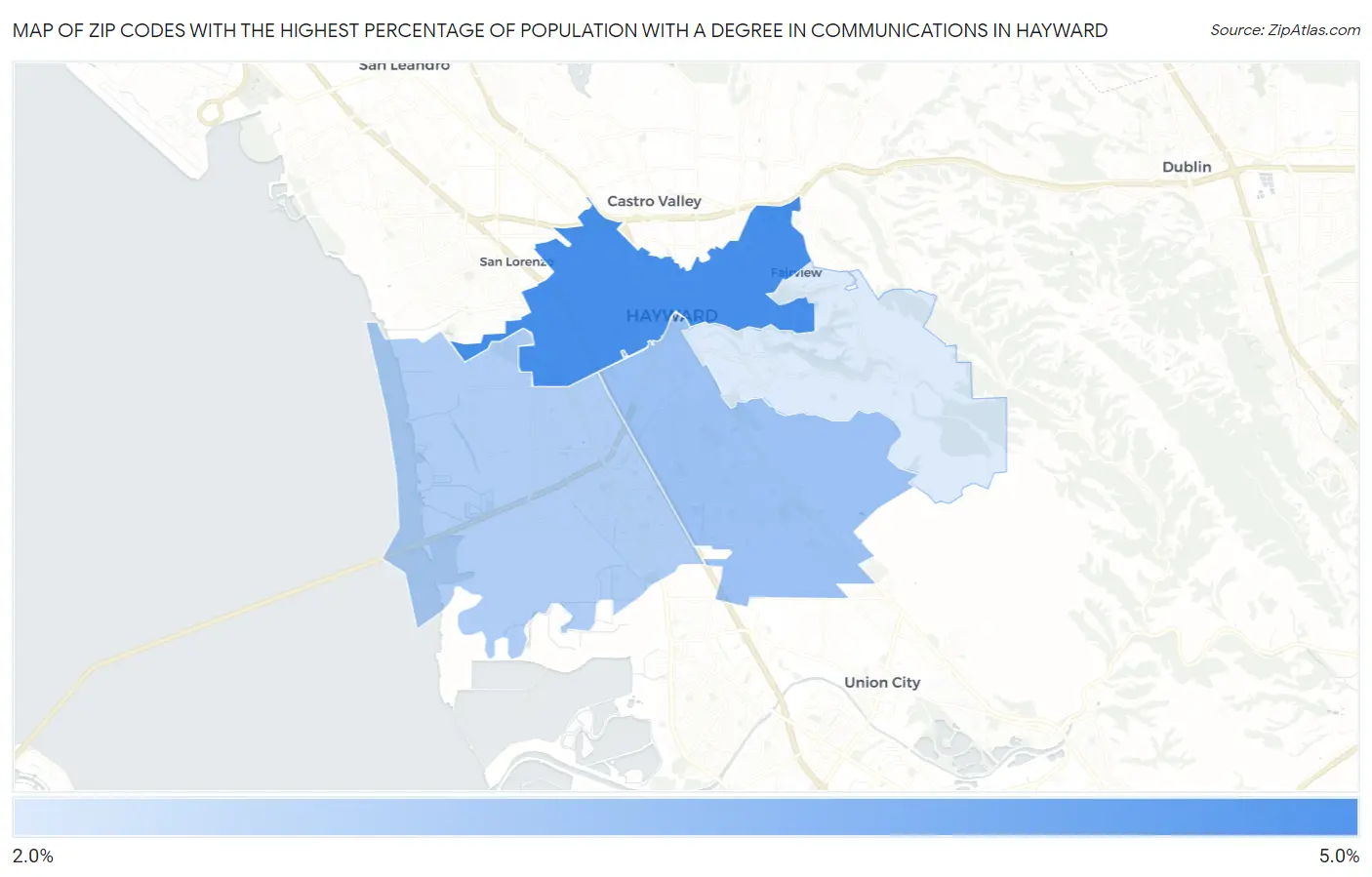 Zip Codes with the Highest Percentage of Population with a Degree in Communications in Hayward Map