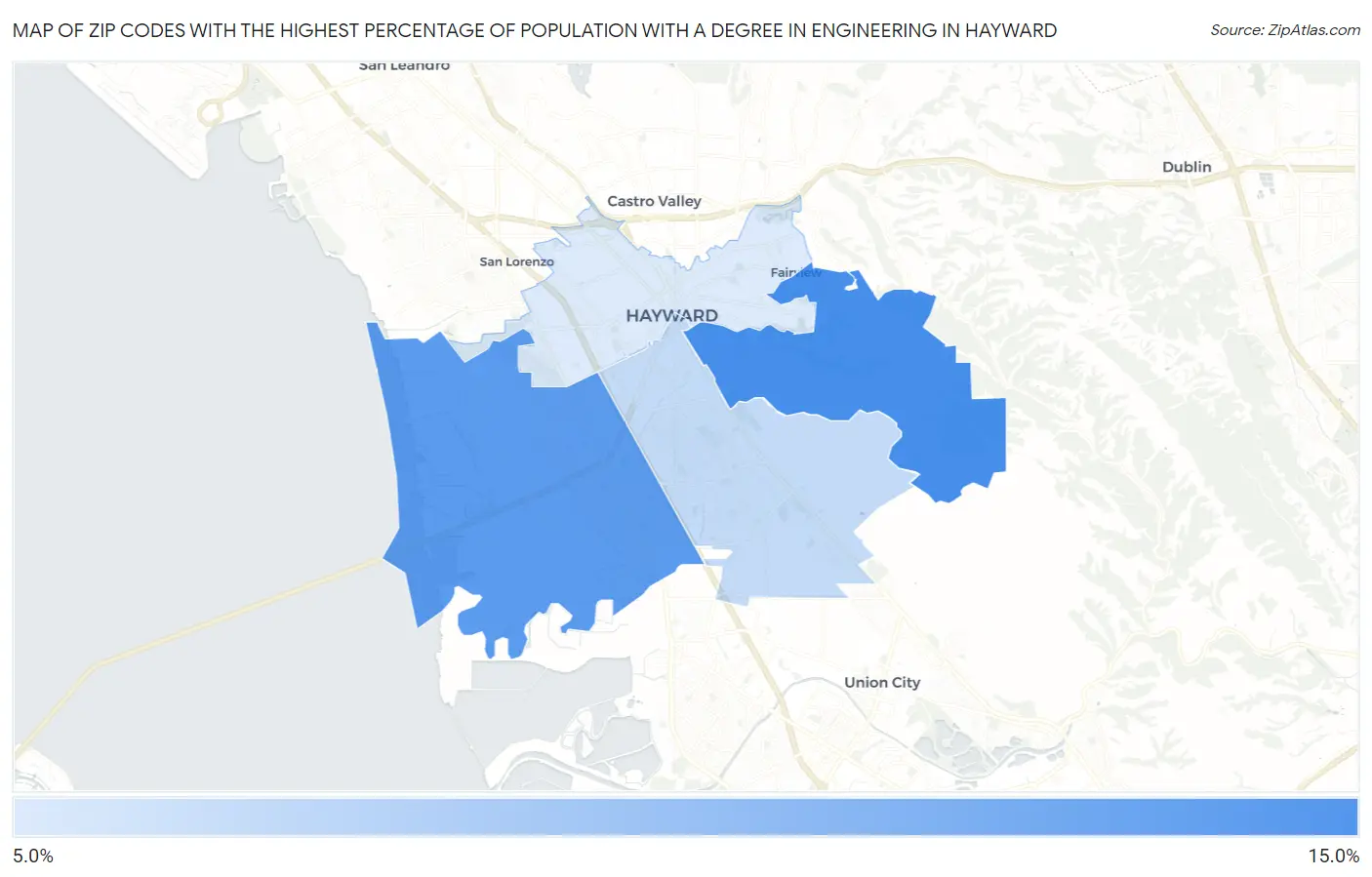 Zip Codes with the Highest Percentage of Population with a Degree in Engineering in Hayward Map