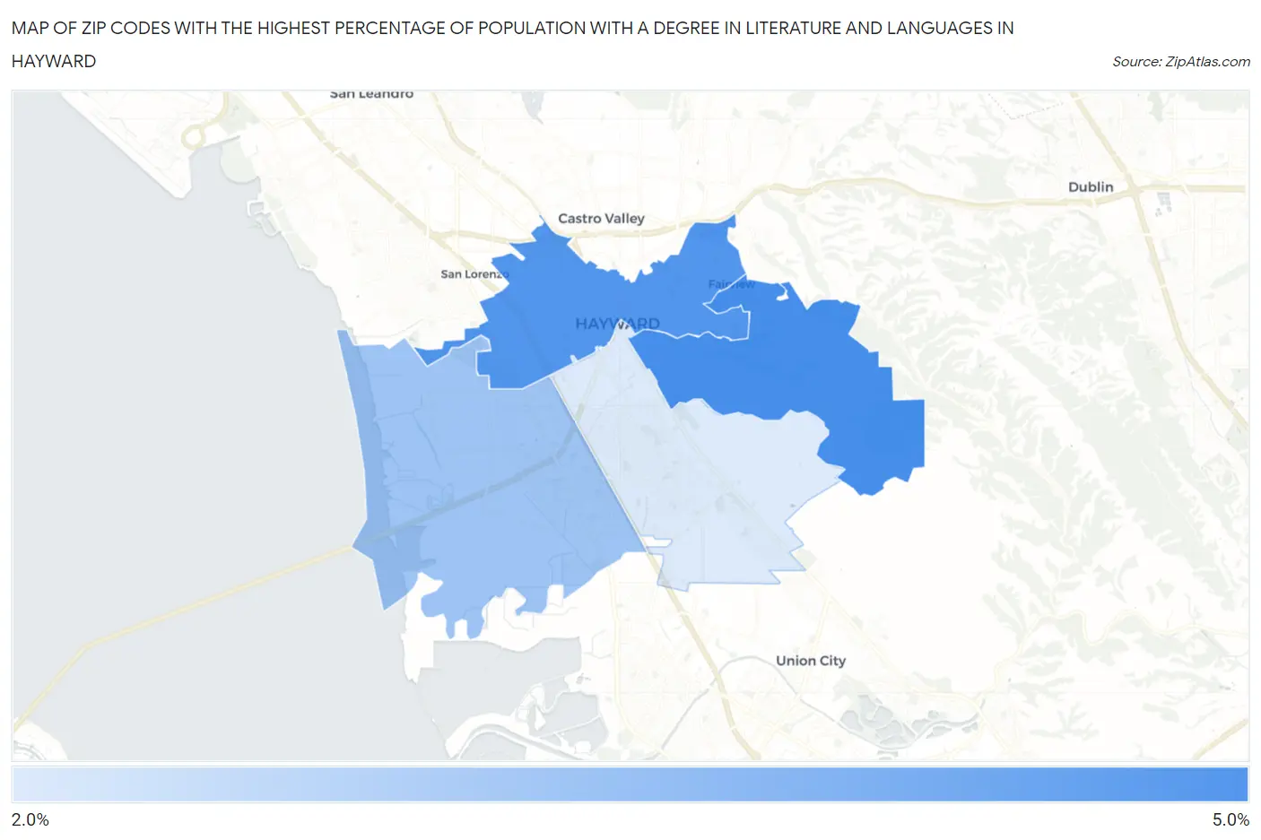 Zip Codes with the Highest Percentage of Population with a Degree in Literature and Languages in Hayward Map