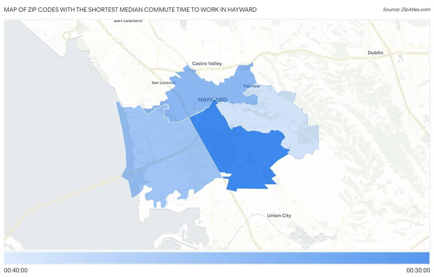 Zip Codes with the Shortest Median Commute Time to Work in Hayward Map