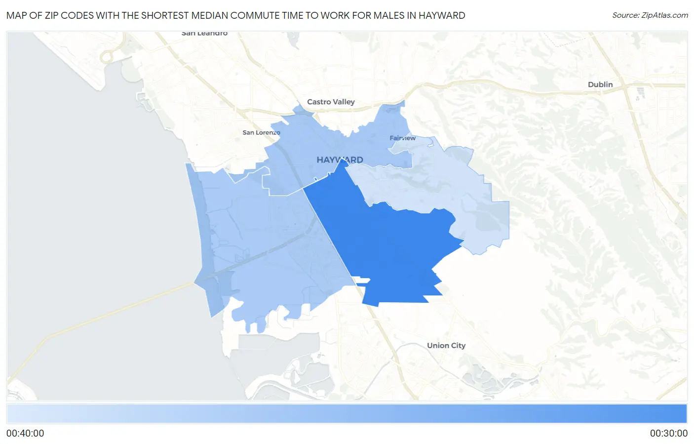 Zip Codes with the Shortest Median Commute Time to Work for Males in Hayward Map