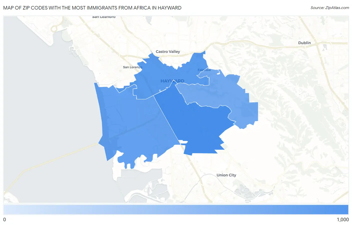 Zip Codes with the Most Immigrants from Africa in Hayward Map