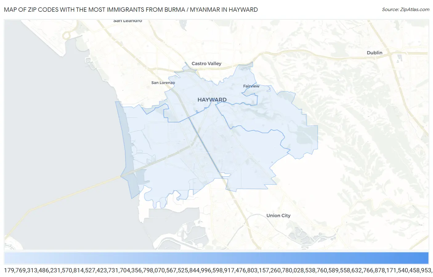 Zip Codes with the Most Immigrants from Burma / Myanmar in Hayward Map