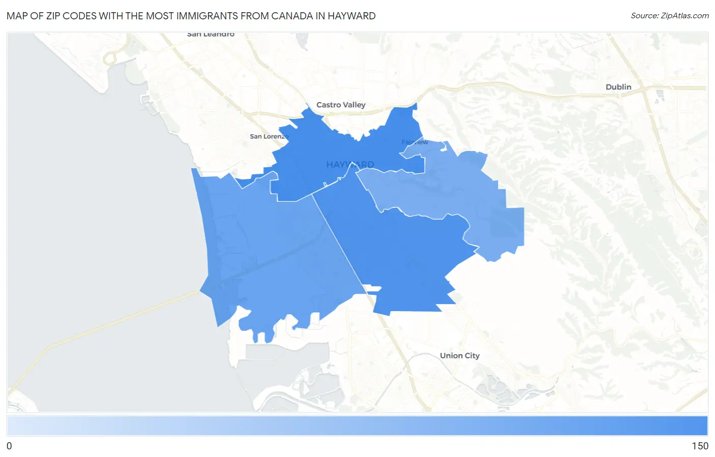 Zip Codes with the Most Immigrants from Canada in Hayward Map