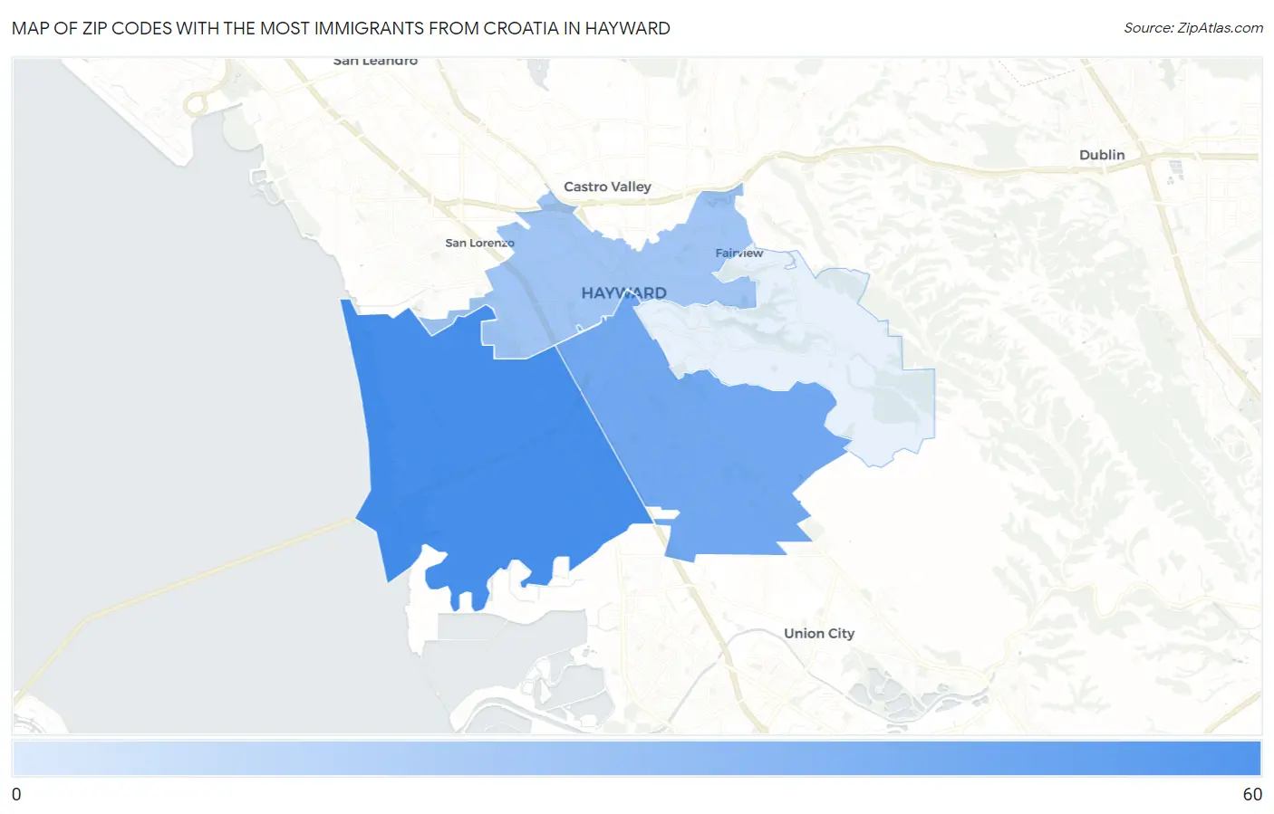 Zip Codes with the Most Immigrants from Croatia in Hayward Map