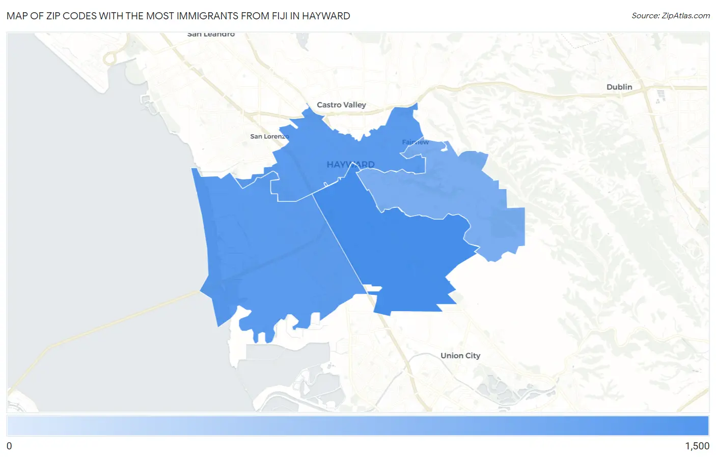 Zip Codes with the Most Immigrants from Fiji in Hayward Map