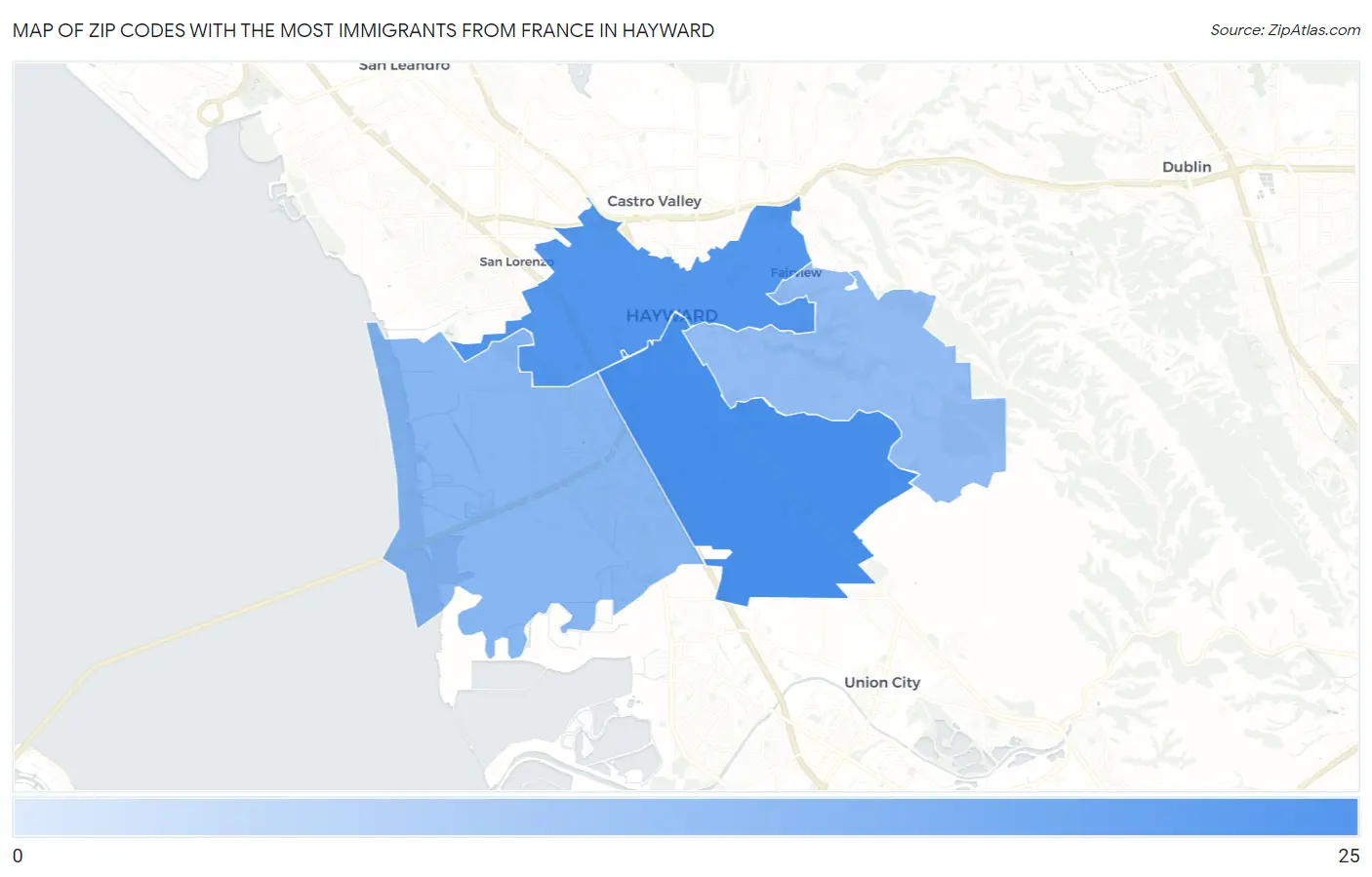 Zip Codes with the Most Immigrants from France in Hayward Map
