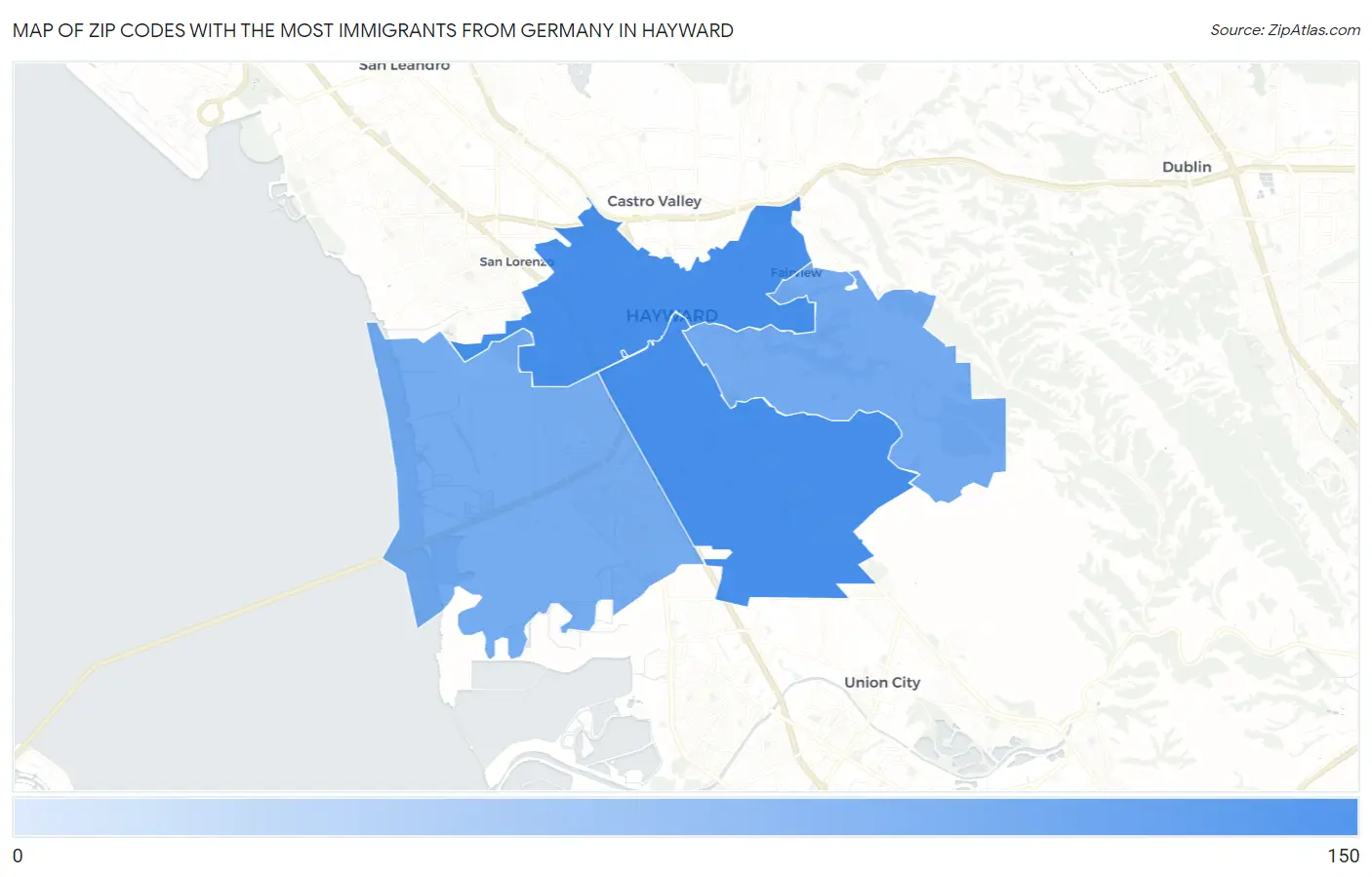 Zip Codes with the Most Immigrants from Germany in Hayward Map