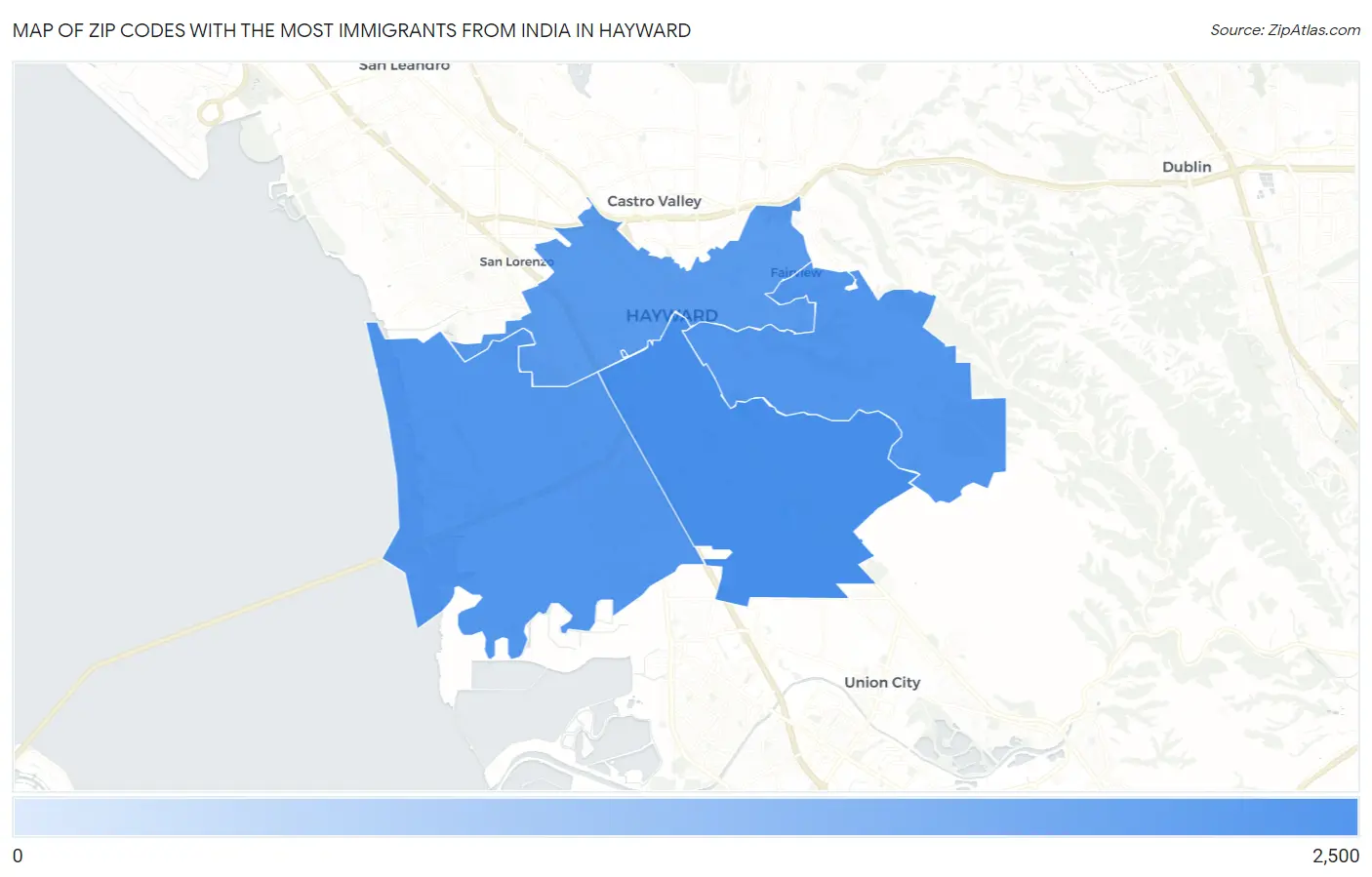 Zip Codes with the Most Immigrants from India in Hayward Map