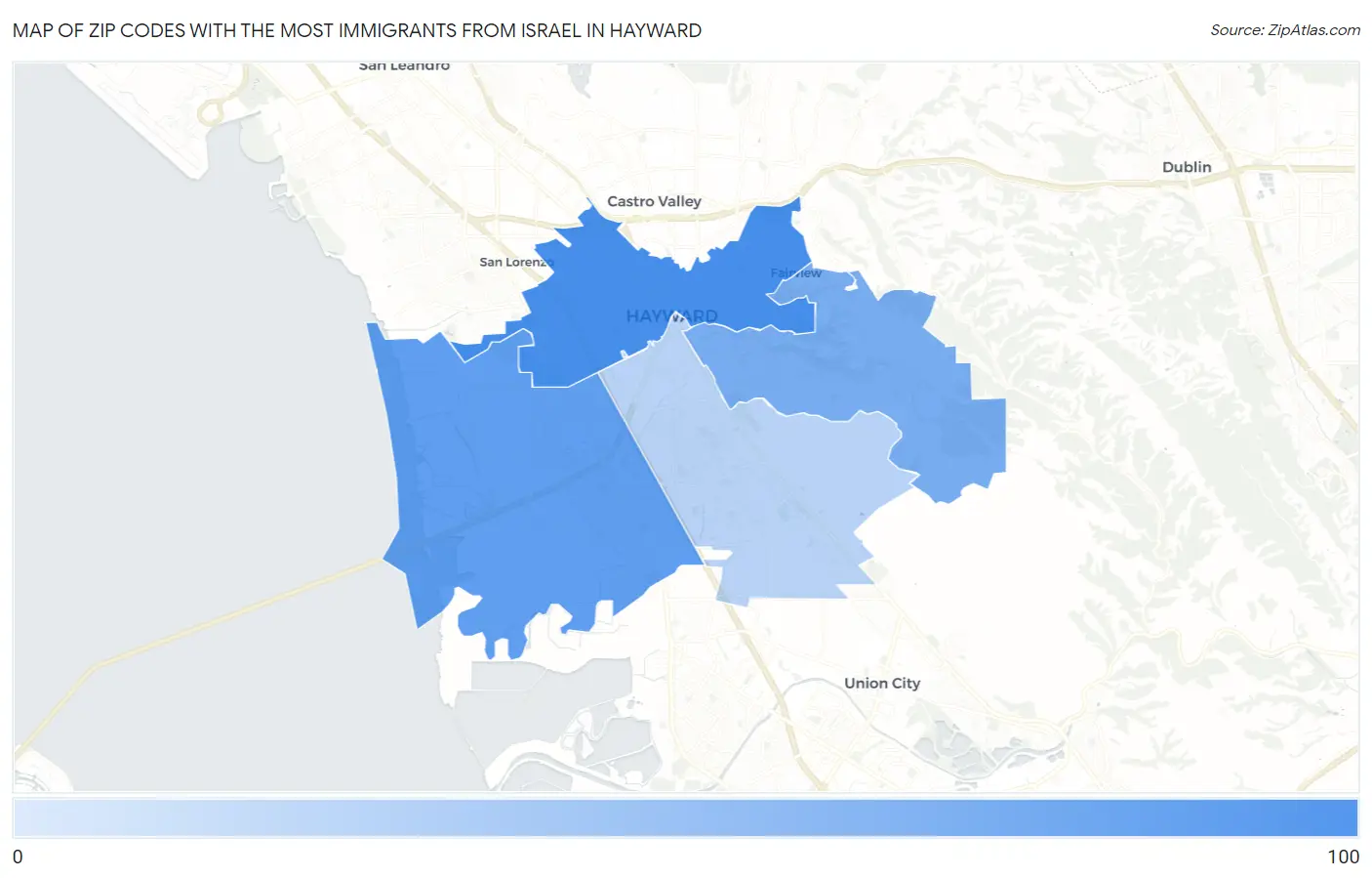 Zip Codes with the Most Immigrants from Israel in Hayward Map