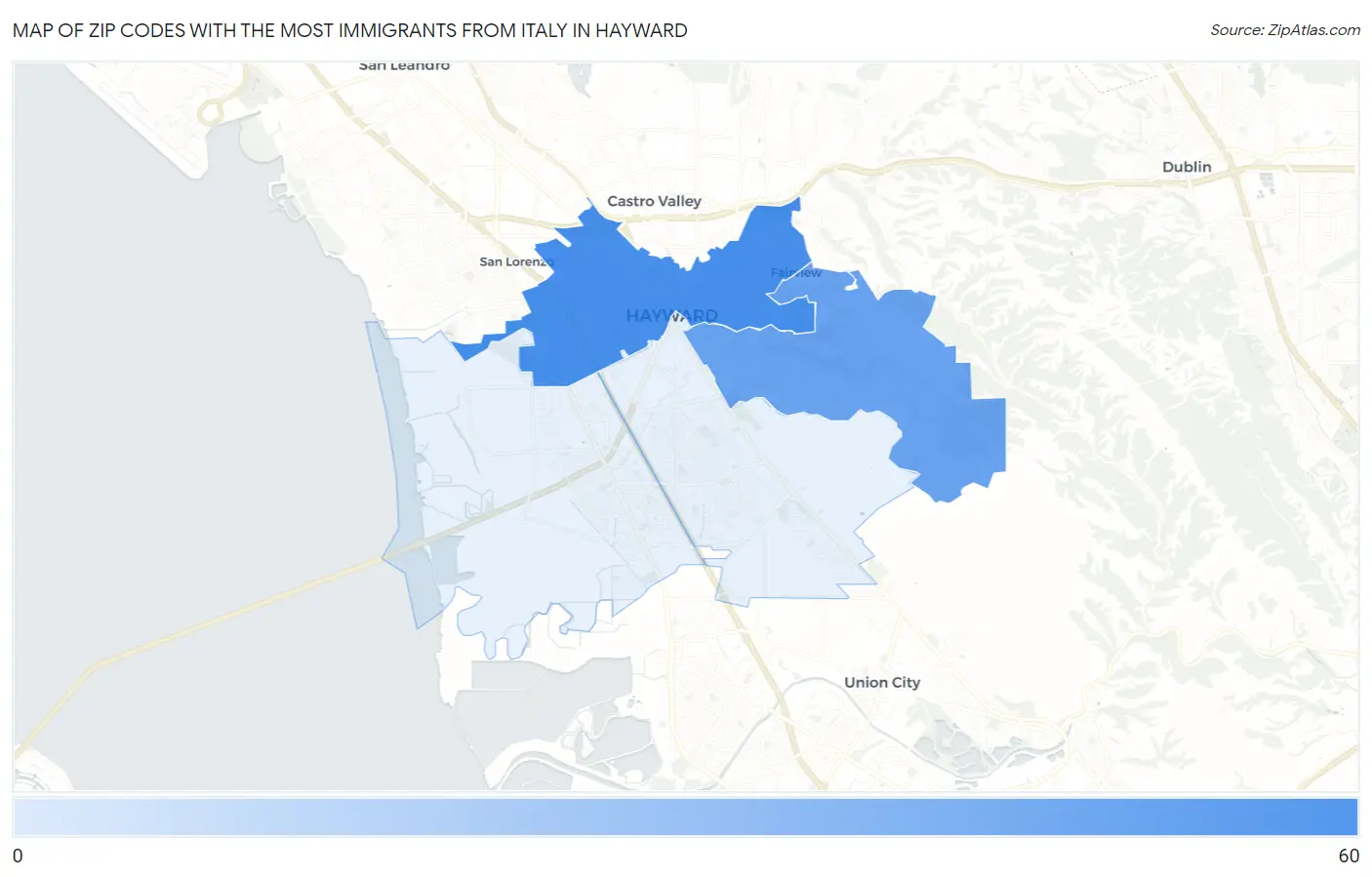 Zip Codes with the Most Immigrants from Italy in Hayward Map