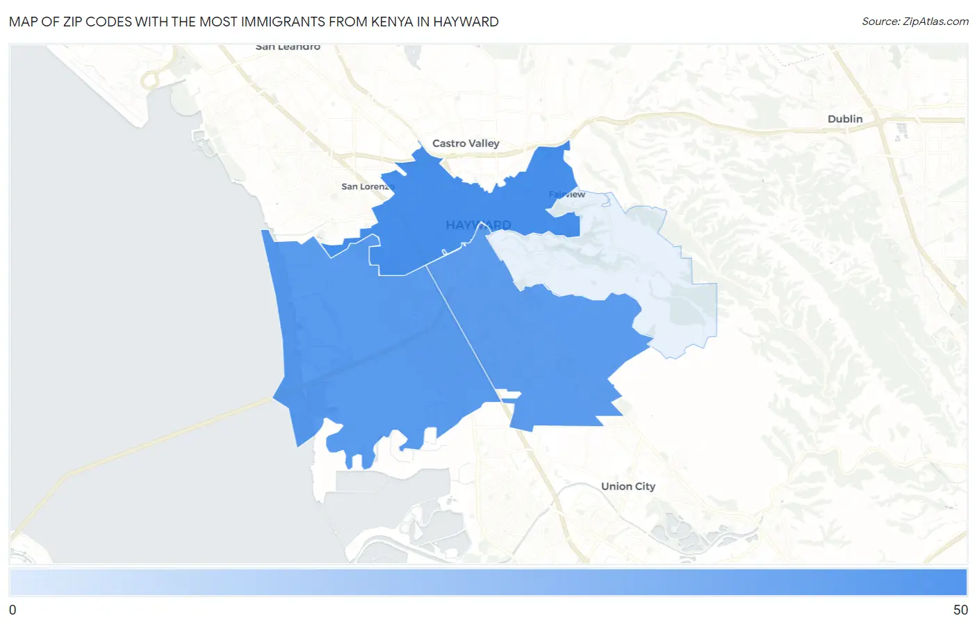 Zip Codes with the Most Immigrants from Kenya in Hayward Map