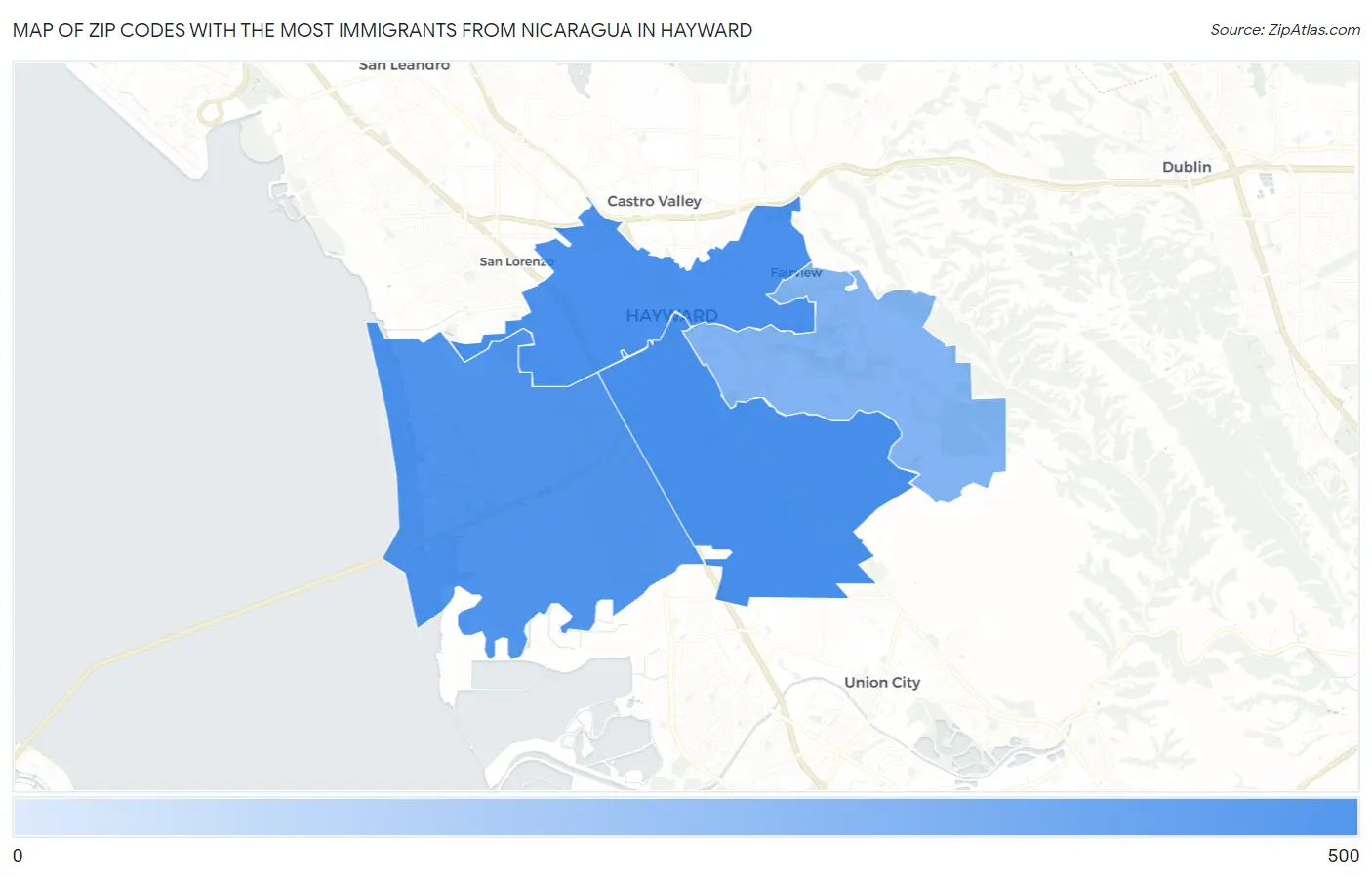 Zip Codes with the Most Immigrants from Nicaragua in Hayward Map