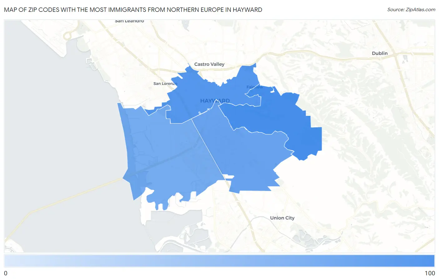 Zip Codes with the Most Immigrants from Northern Europe in Hayward Map