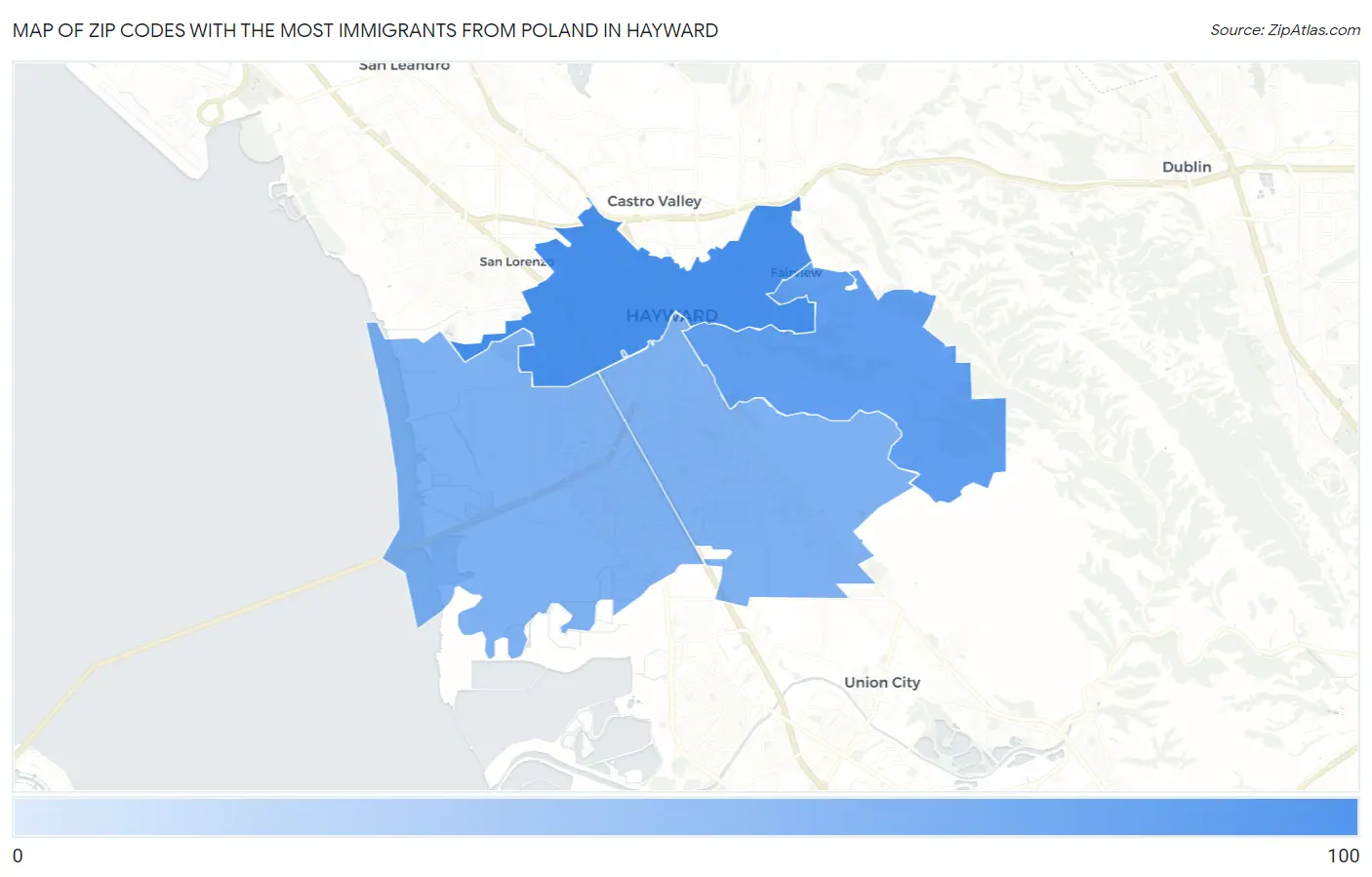 Zip Codes with the Most Immigrants from Poland in Hayward Map