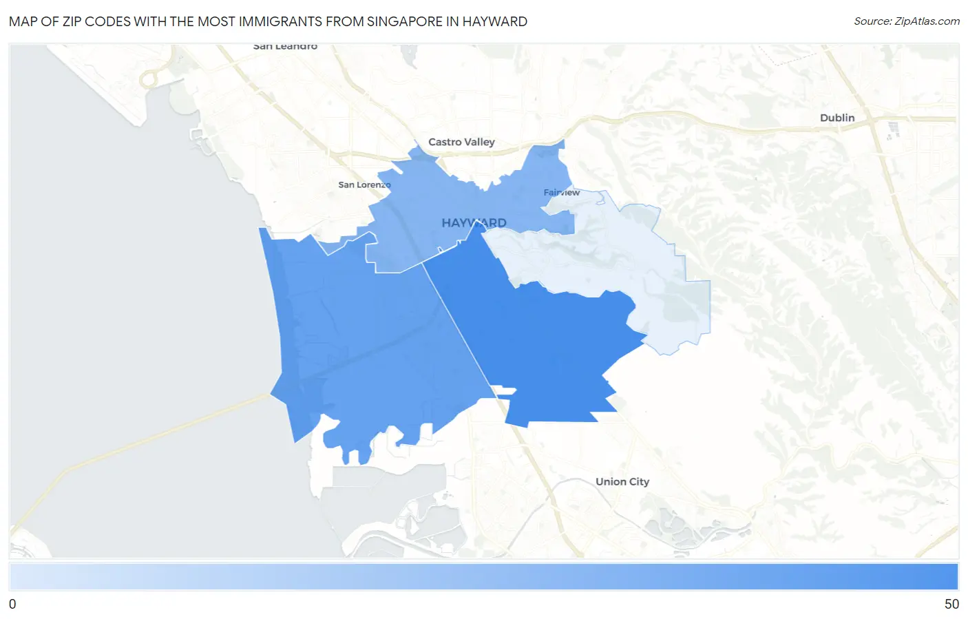 Zip Codes with the Most Immigrants from Singapore in Hayward Map