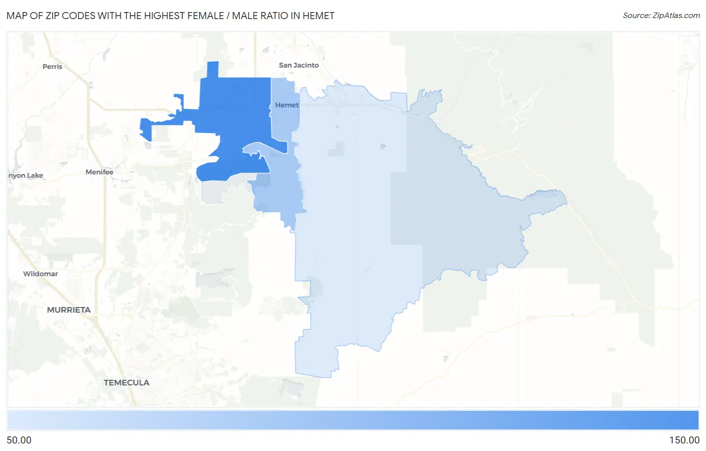 Zip Codes with the Highest Female / Male Ratio in Hemet Map