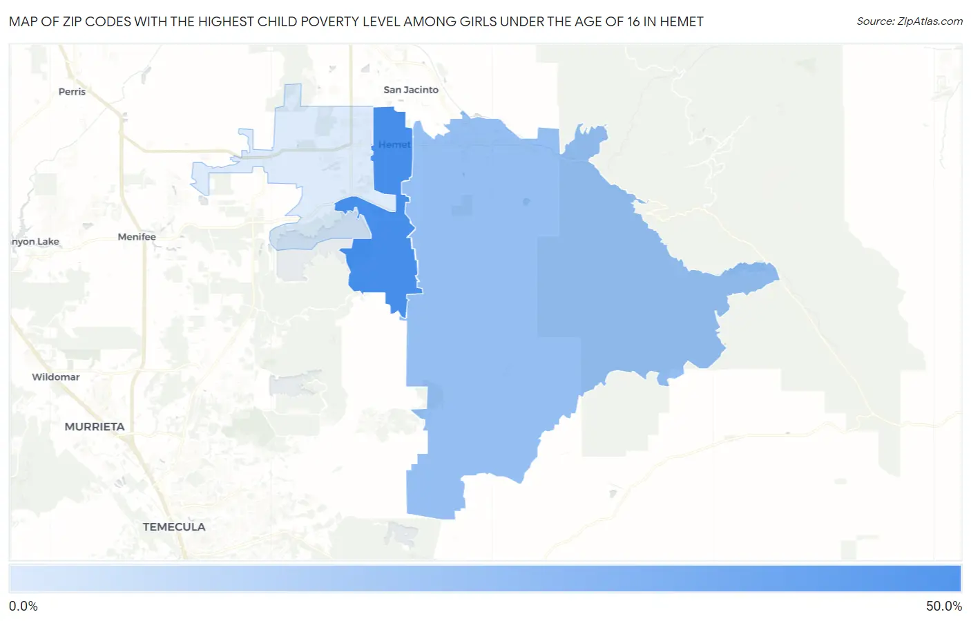 Zip Codes with the Highest Child Poverty Level Among Girls Under the Age of 16 in Hemet Map