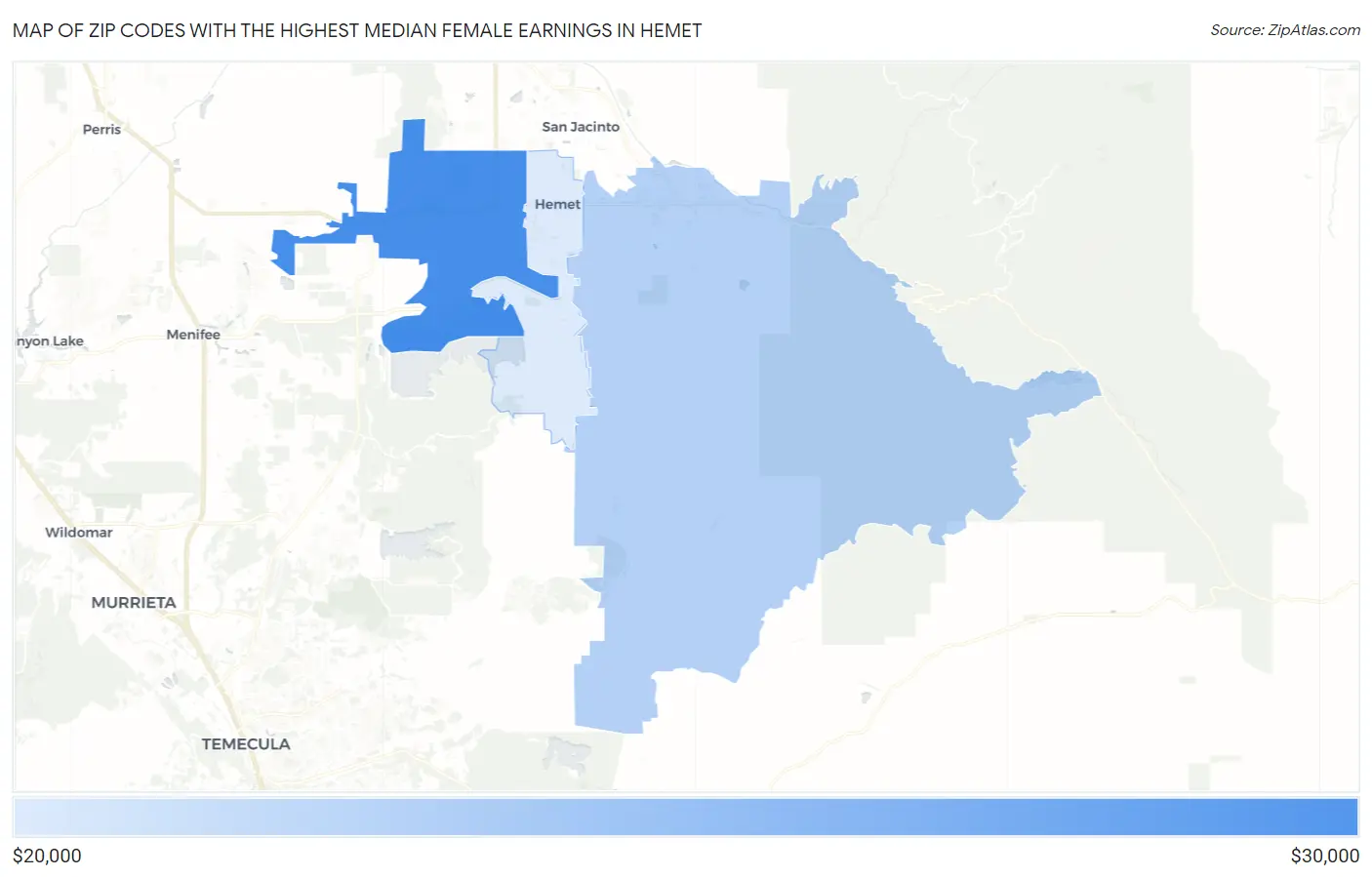 Zip Codes with the Highest Median Female Earnings in Hemet Map