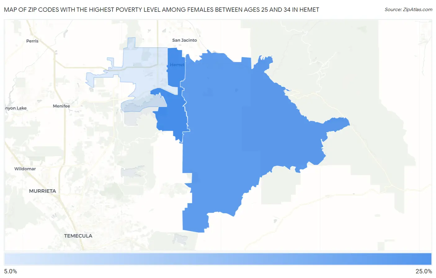 Zip Codes with the Highest Poverty Level Among Females Between Ages 25 and 34 in Hemet Map