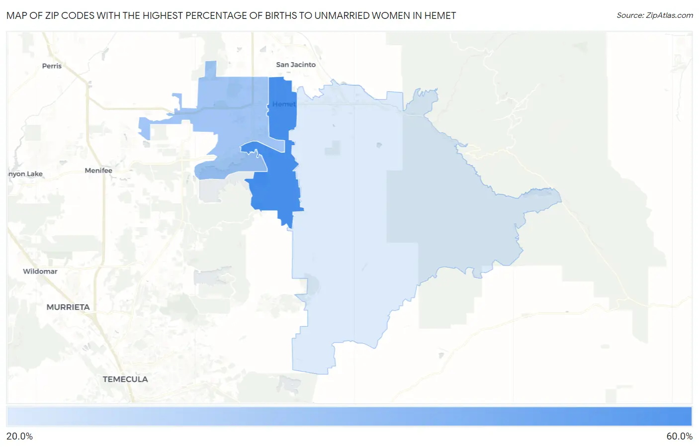 Zip Codes with the Highest Percentage of Births to Unmarried Women in Hemet Map