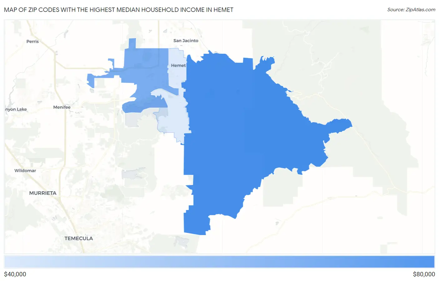 Zip Codes with the Highest Median Household Income in Hemet Map