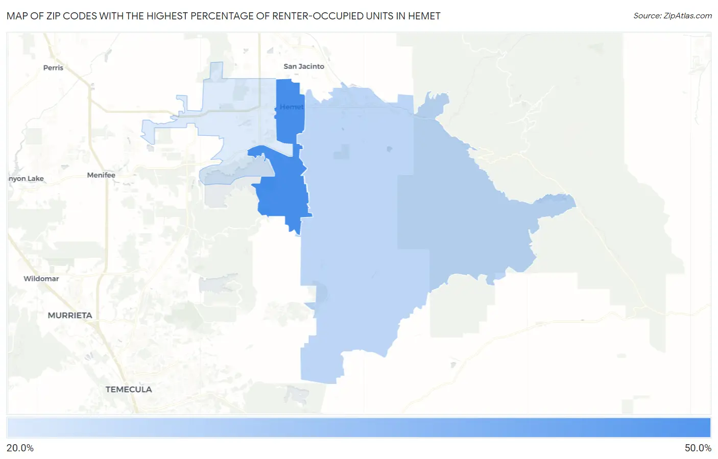 Zip Codes with the Highest Percentage of Renter-Occupied Units in Hemet Map