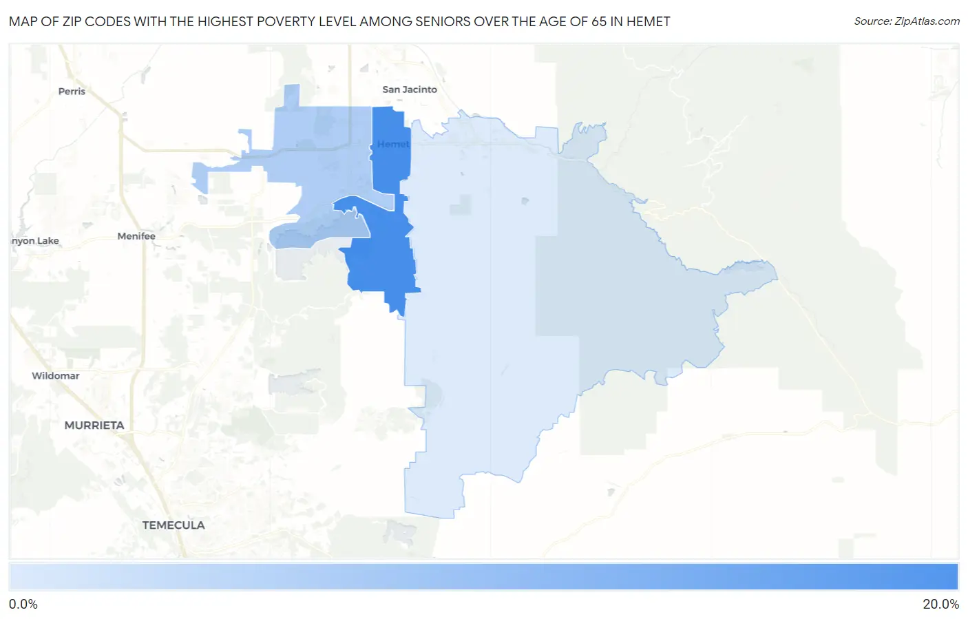 Zip Codes with the Highest Poverty Level Among Seniors Over the Age of 65 in Hemet Map