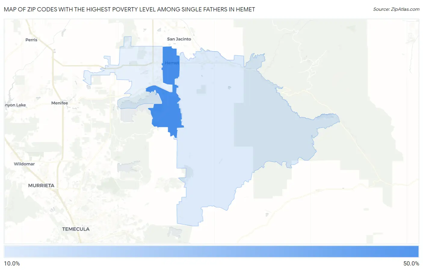 Zip Codes with the Highest Poverty Level Among Single Fathers in Hemet Map