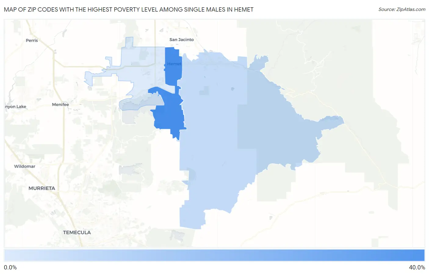 Zip Codes with the Highest Poverty Level Among Single Males in Hemet Map