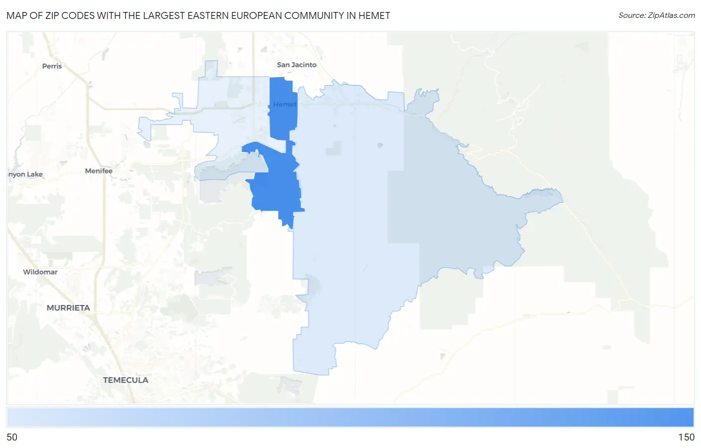 Zip Codes with the Largest Eastern European Community in Hemet Map