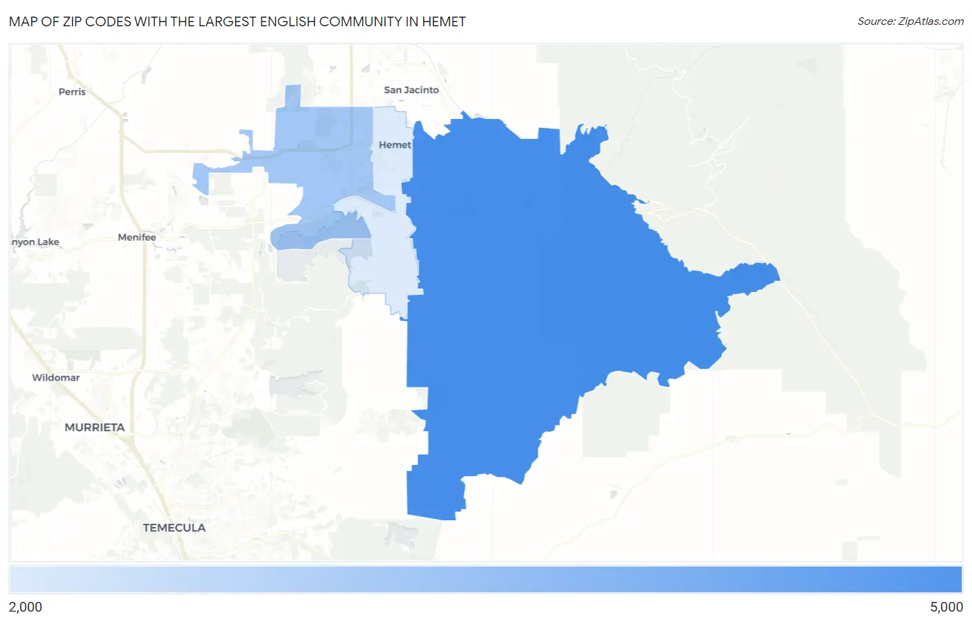 Zip Codes with the Largest English Community in Hemet Map