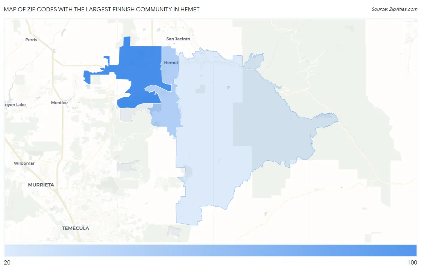 Zip Codes with the Largest Finnish Community in Hemet Map