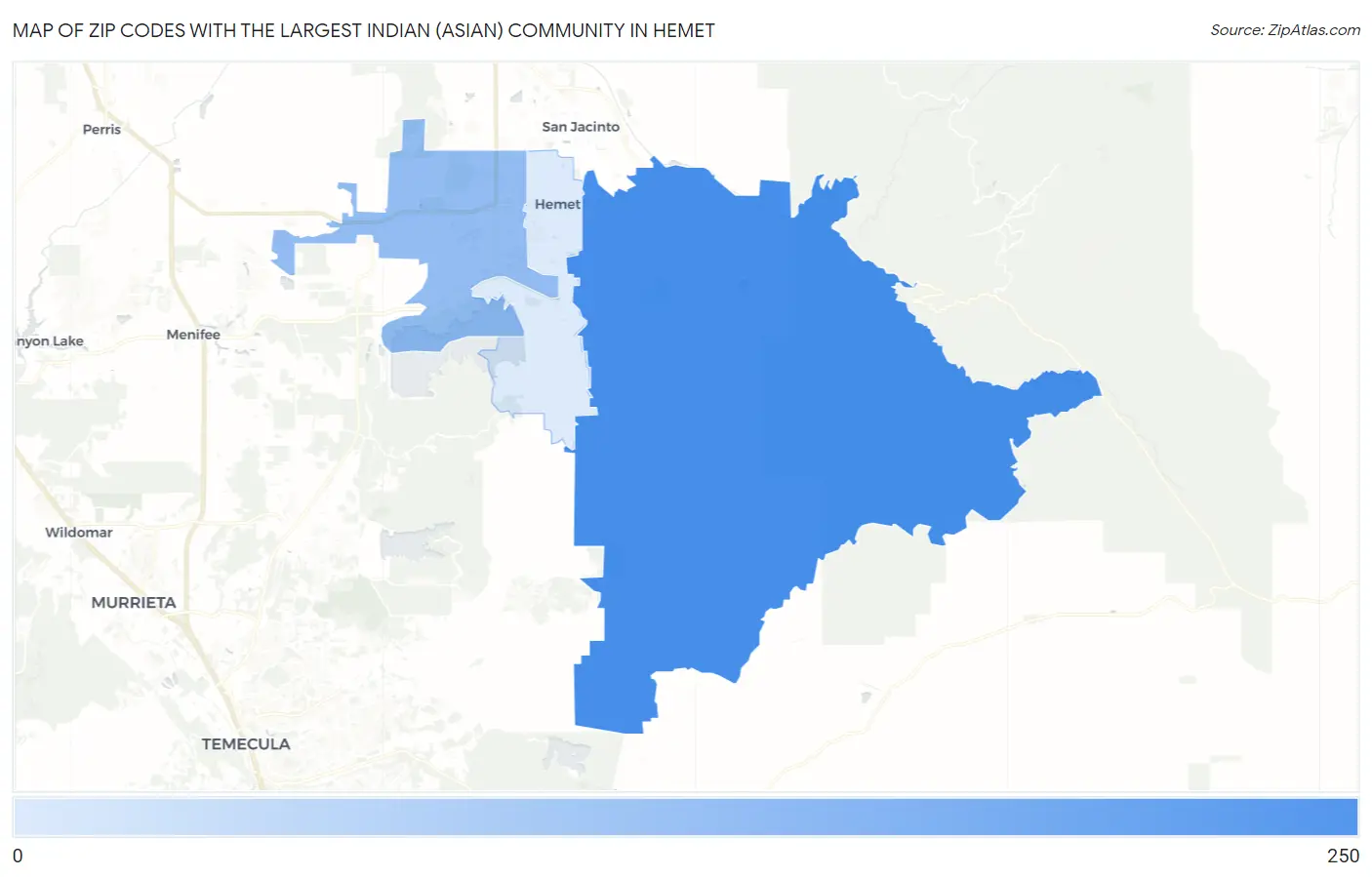 Zip Codes with the Largest Indian (Asian) Community in Hemet Map