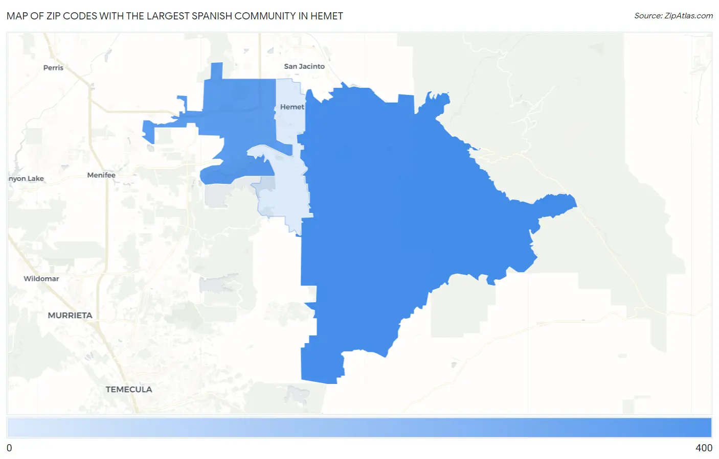 Zip Codes with the Largest Spanish Community in Hemet Map