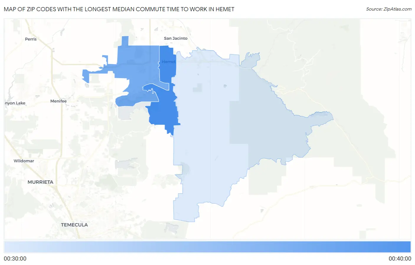 Zip Codes with the Longest Median Commute Time to Work in Hemet Map