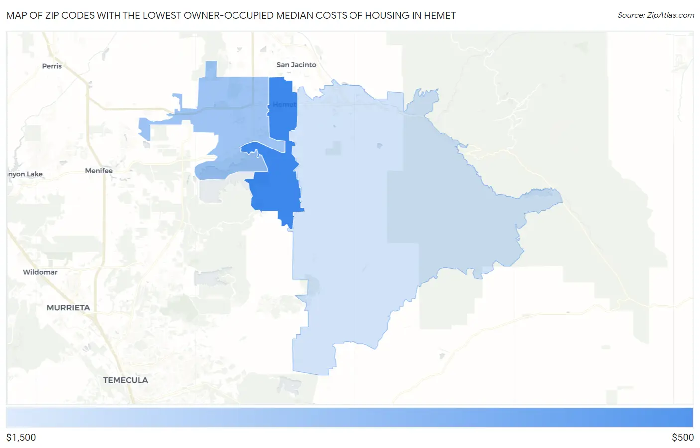 Zip Codes with the Lowest Owner-Occupied Median Costs of Housing in Hemet Map